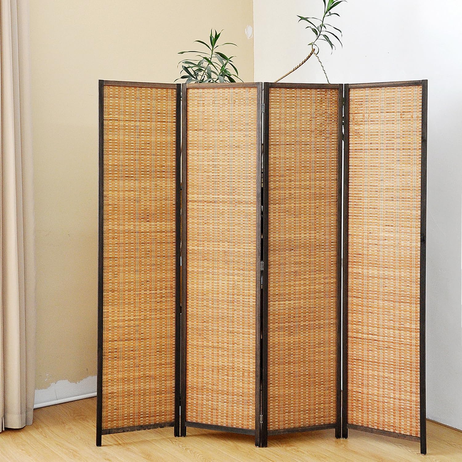 4 Panel Room Divider Screen,5.6 FT Tall Bamboo Panel Divider Folding Privacy Screen,Freestanding Room Divider for Room Seperation,Brown