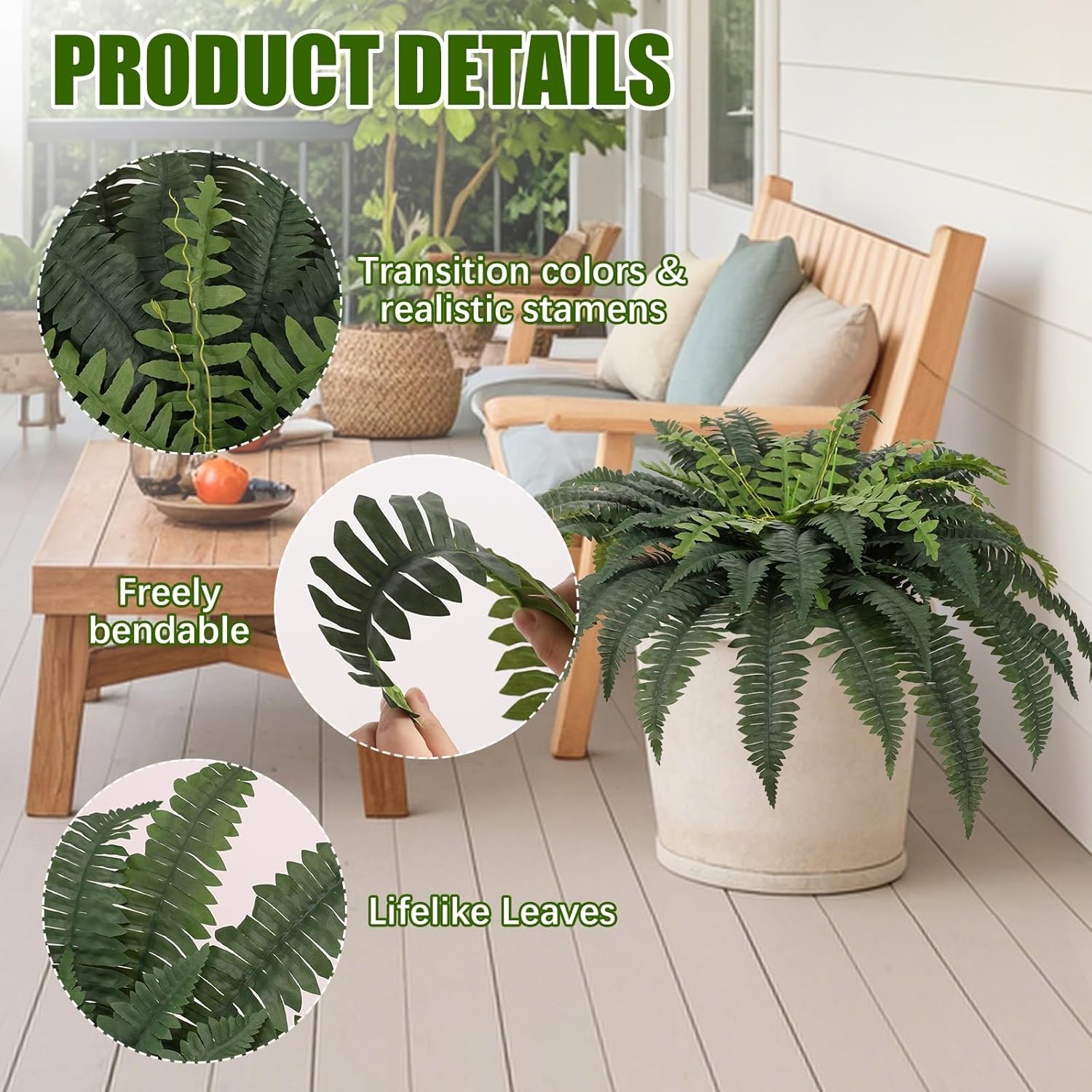 JUSTOYOU 36" Artificial Boston Fern Bush, Artificial Ferns for Outdoors Large Set of 2 with 60 Fronds Faux Ferns UV Resistant Fake Plants for Indoor and Outdoors Home Office Greenery Decor