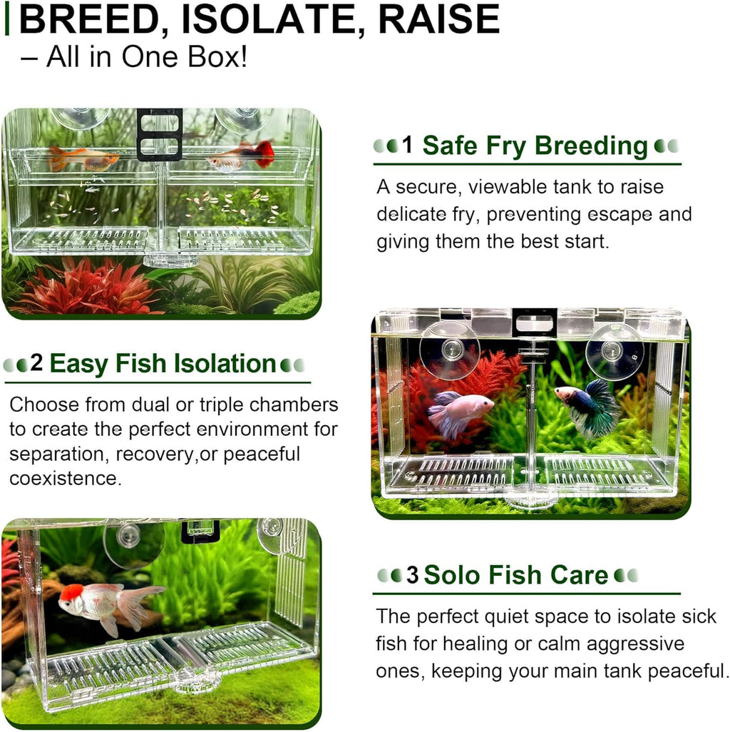 Dual-Chamber Aquarium Fish Breeder & Isolation Box, Transparent Hatching Incubator Tank with Suction Cups & Hook, Nursery for Livebearer Guppy Fry Breeding and Betta Fish, Shrimp Quarantine