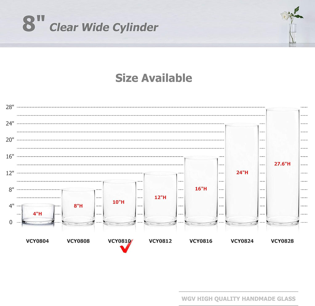 WGV Cylinder Vase Bulk, Width 8", Height 10", Clear Wide Large Diameter Flower Glassware, Floral Container, Planter Terrarium for Wedding Party Event, Home Accent Decor, 6 Pieces