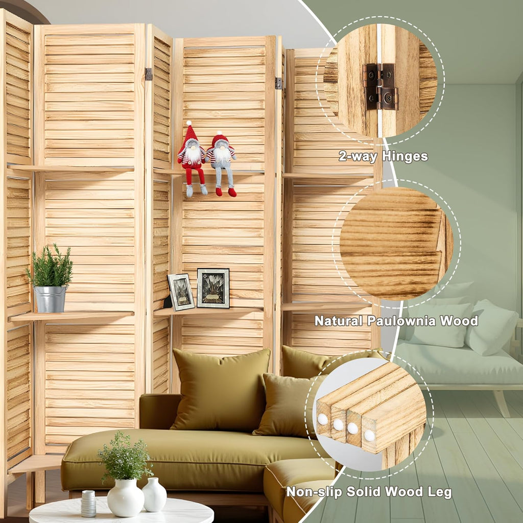 6 Panel Room Divider Freestanding Privacy Screen with Display Shelves Foldable Wooden Room Divider Panel for Bedroom, Home Office, Living Room, Natural