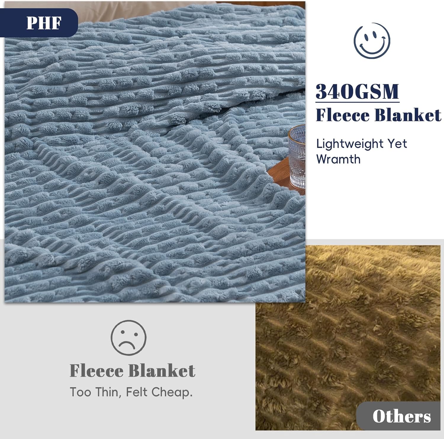 PHF Ultra Soft Flannel Fleece Blanket King Size, Lightweight 3D Jacquard Fleece Blanket, No Shedding, No Pilling, Luxury 340GSM Aesthetic Fluffy Cozy for Bed Room Decor, 108"x90", Dusty Blue