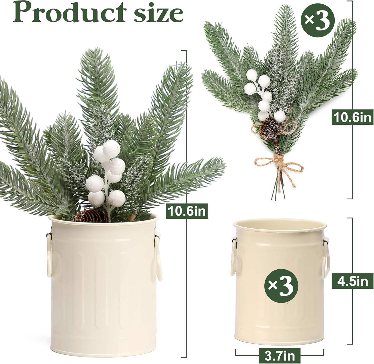 White Christmas Centerpieces for Tables, 3 Pack Mini Christmas Artificial Pine Tree with Berries in Metal Pots, Farmhouse Winter Tabletop Xmas Decorations for Home, Mantel