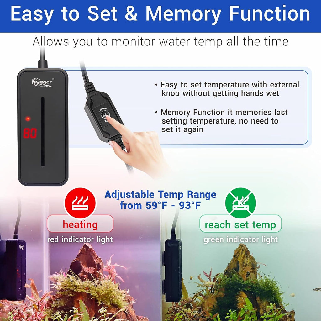 hygger Small Submersible Aquarium Heater 15W Mini Betta Fish Tank Heater with LED Display Adjustable Temperature for 1-2.5 Gallon Freshwater Saltwater Coral Reef Tanks