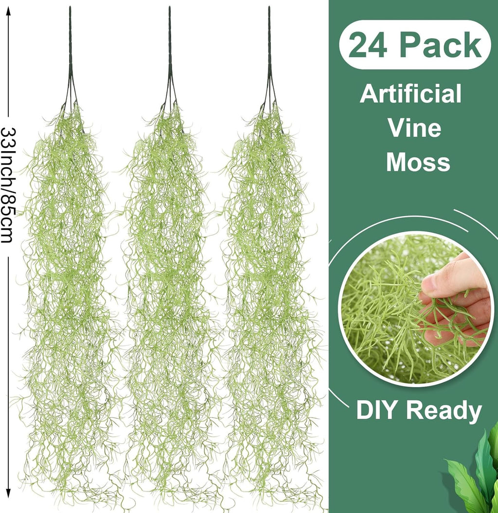 Cindeer 24 Pack Fake Spanish Moss Artificial Hanging Decoration Bulk Faux Greenery Moss Garland for Potted Wall Living Room Indoor Outdoor Decor(33 Inch,Green)