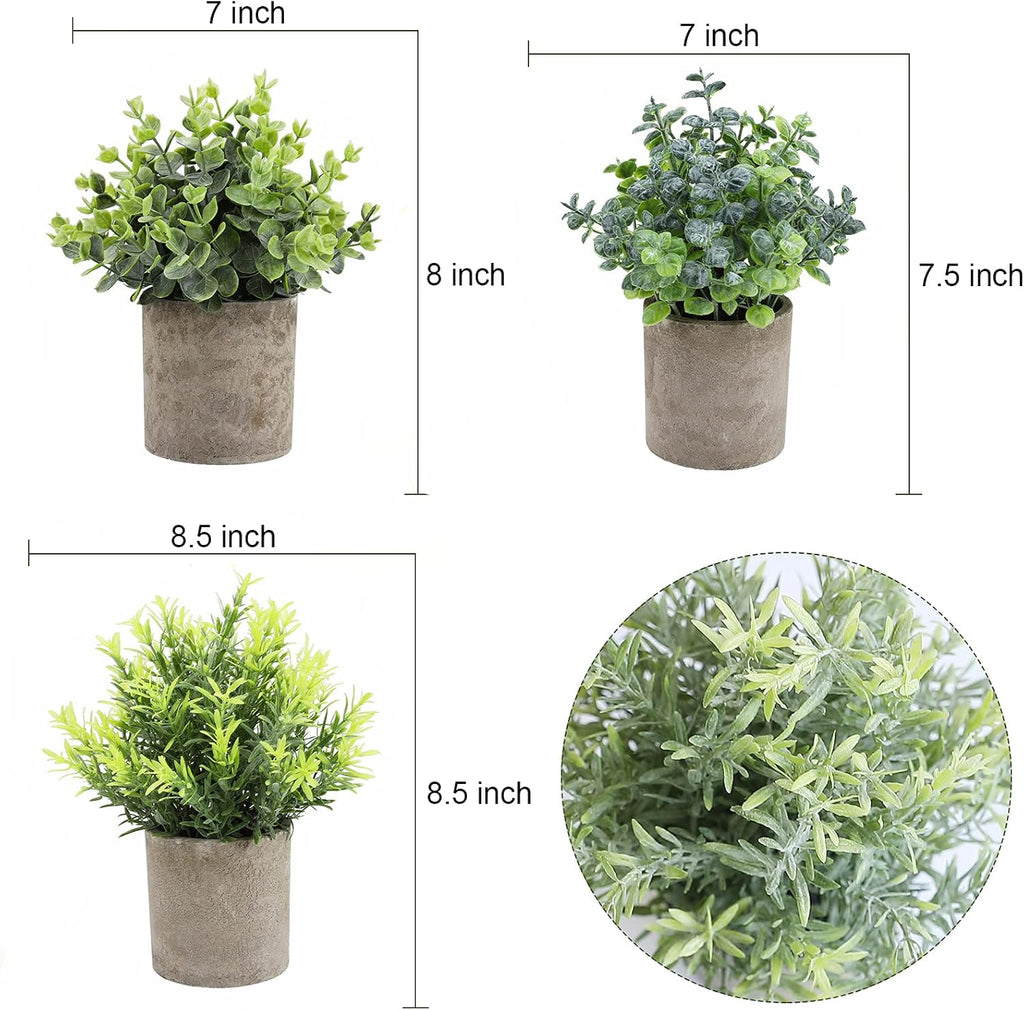THE BLOOM TIMES Set of 3 Small Potted Artificial Plants Plastic Fake Greenery Faux Plants in Pots for Rustic Home Office Desk Farmhouse Bathroom Kitchen Indoor Decor