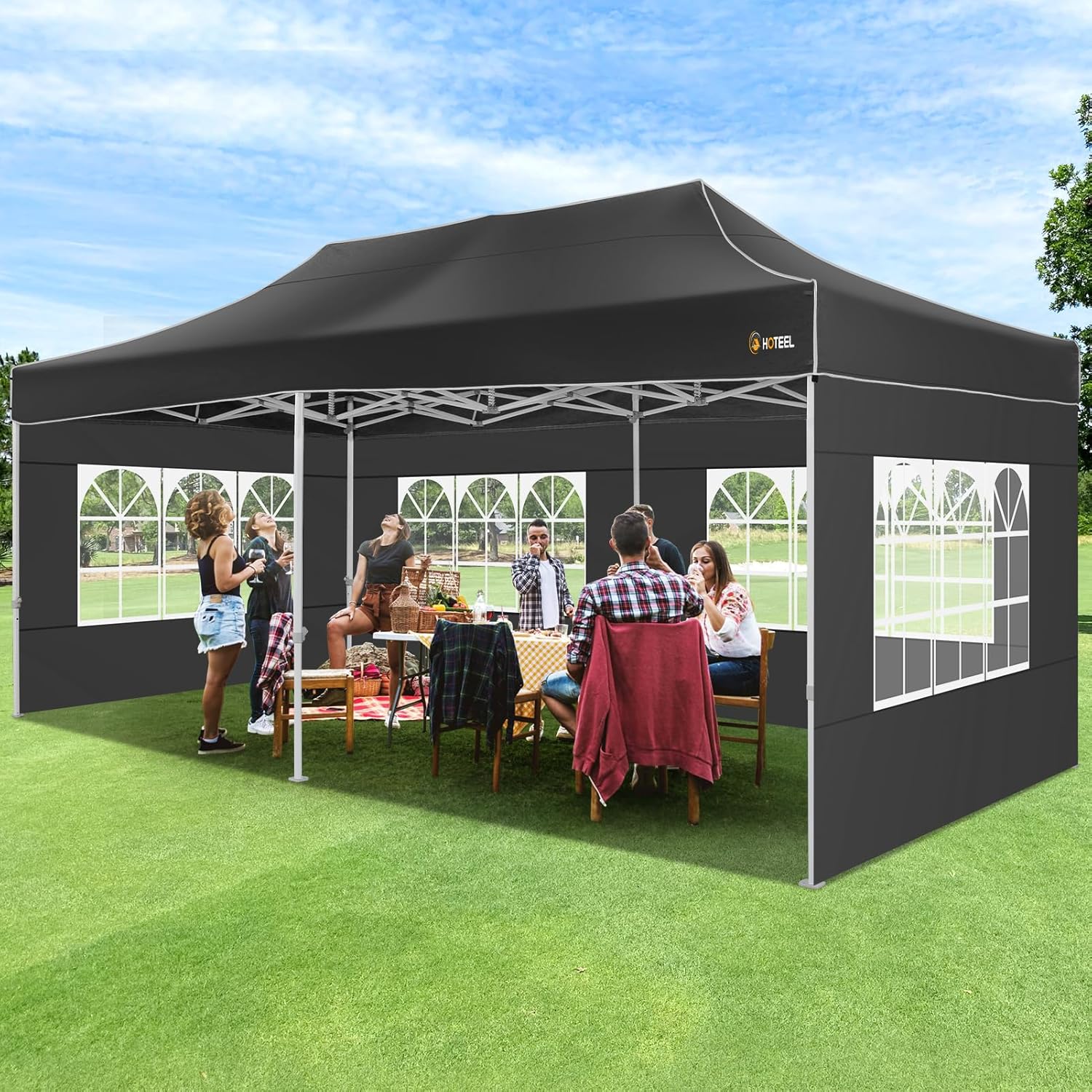 HOTEEL 10x20 Pop up Canopy Tent for Parties, Heavy Duty Easy Setup Tent with 6 Sidewalls, Outdoor Commercial Instant Gazebo for Wedding Event, with Roller Bag & Sand Bags, Black(Hexagonal Frame)