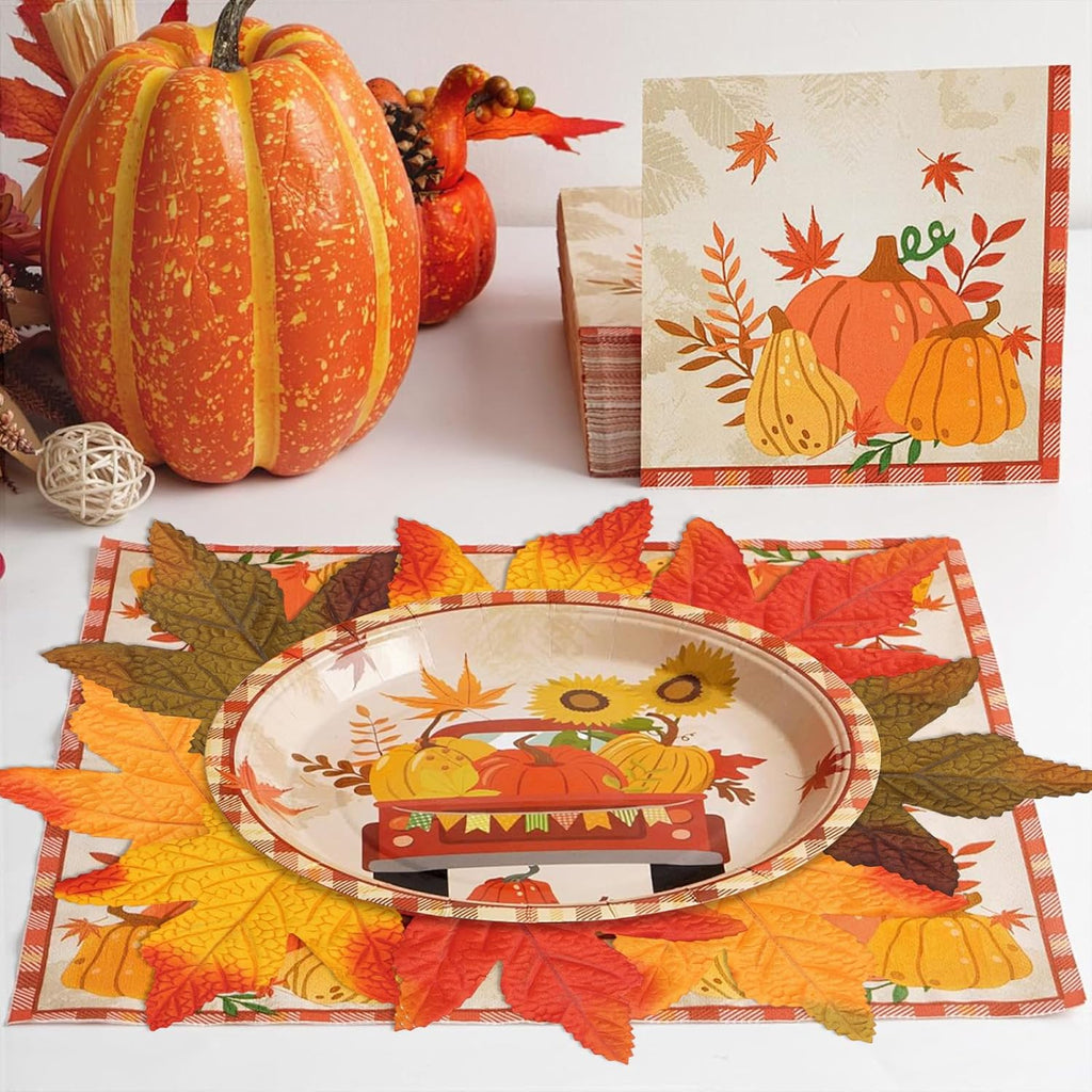 60PCS 4Kinds Fall Artificial Maple Leaves Large Size Autumn Leaf Faux Fall Maple Leaves Thanksgiving Autumn Leaf Home Office Wedding Party Table Decors
