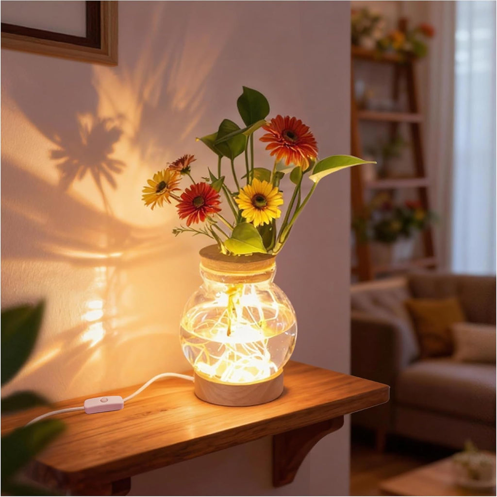 Plant Propagation Station with Lights, Glass Planter Station with Waterproof Lighted Wooden Base, Desktop Hydroponic Plants Terrarium with LED, Round Glass Planter with Light for Home & Office Decor