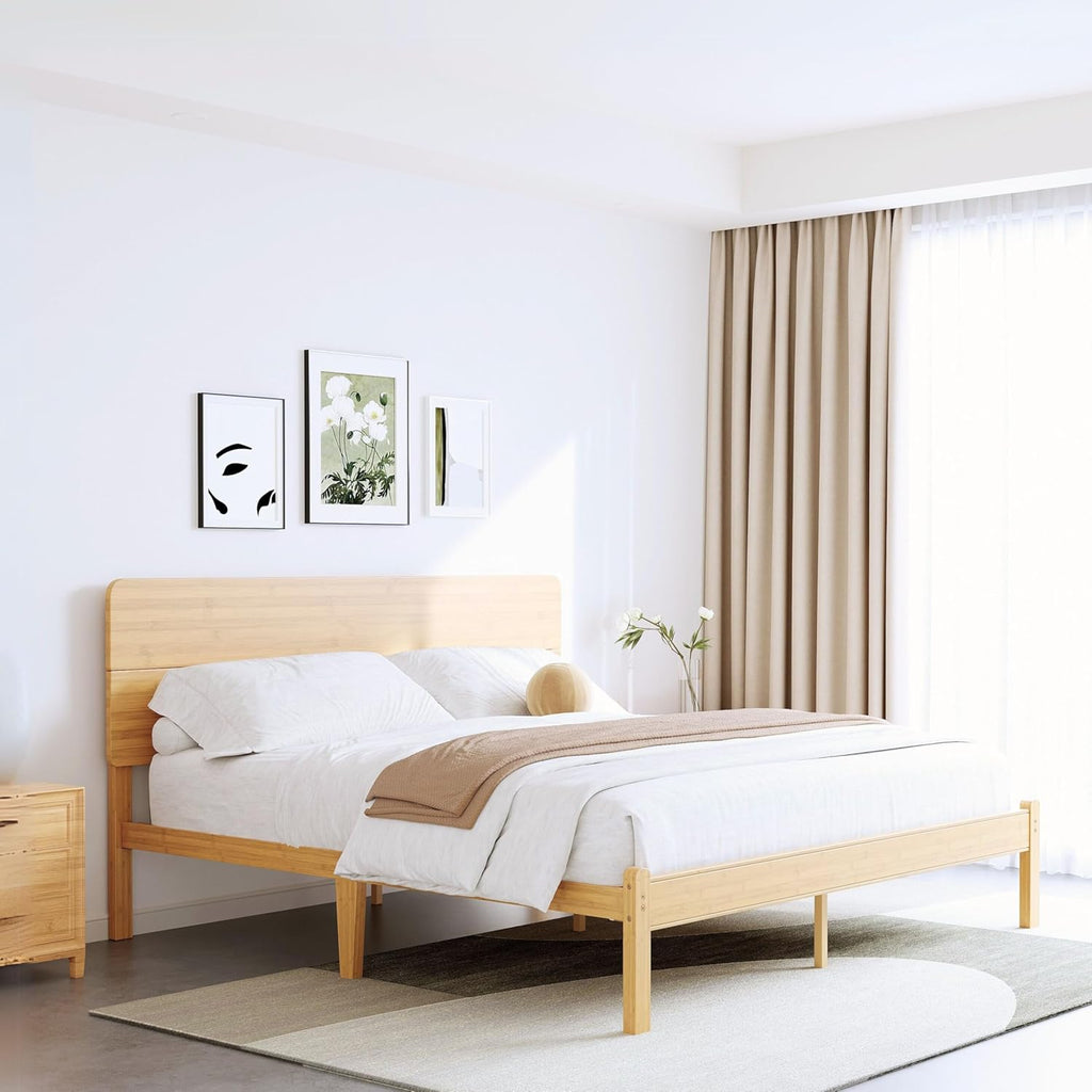 14in High Solid Bamboo Wood Platform King Size Bed Frame with Headboard, Reinforced Heavy Duty Metal Slats, Noise Free, No Box Spring Needed, Easy Assembly