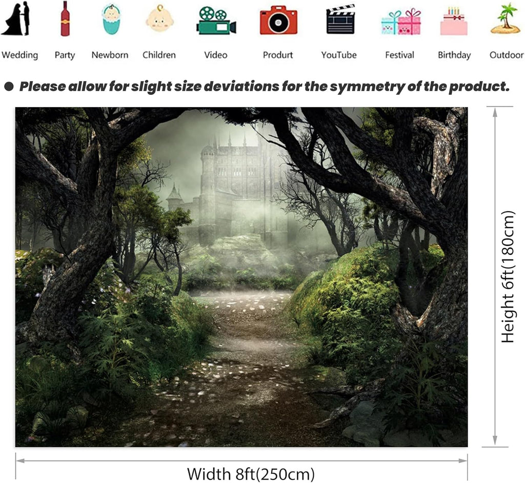 Renaiss Enchanted Forest Backdrop Fabric Green Medieval Smoky Jungle Forest Wonderland Fairy Tale Adventure Photography Background for Kids Fairytale Theme Party Decorations Photo Prop 9x6ft