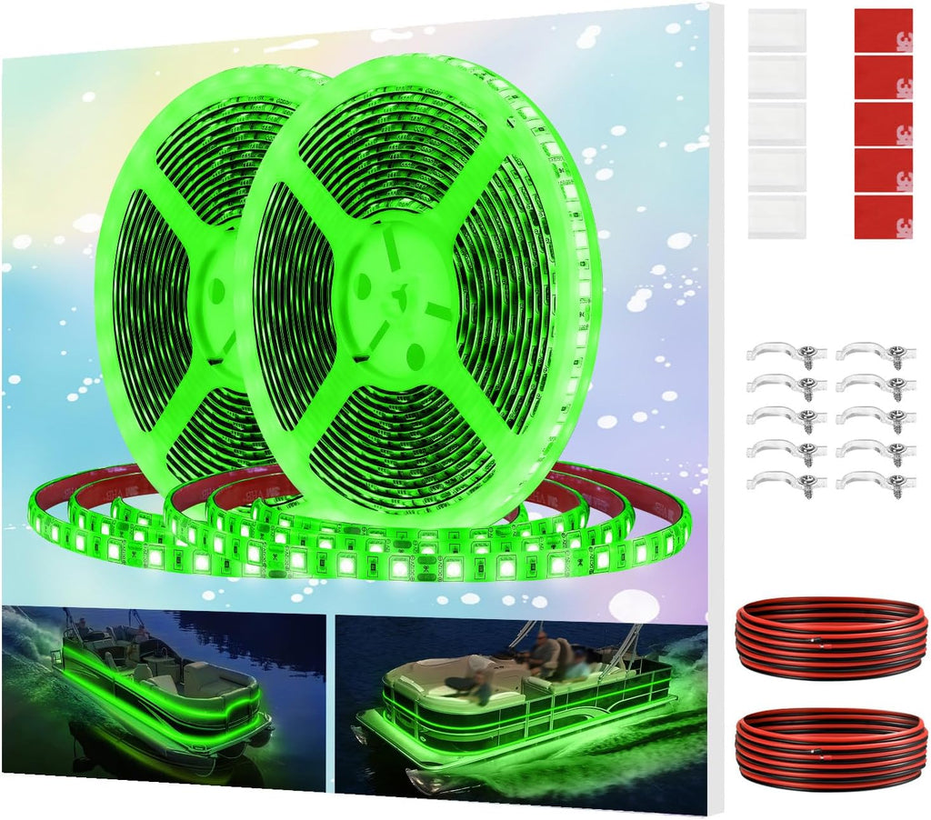 Pontoon Boat LED Strip Lights, 12V 32.8FT Green Waterproof Marine LED Light Boat Interior Light, Boats Deck Hull Gunnel Lighting, Night Fishing Lights for Bass, Jon (No Battery)