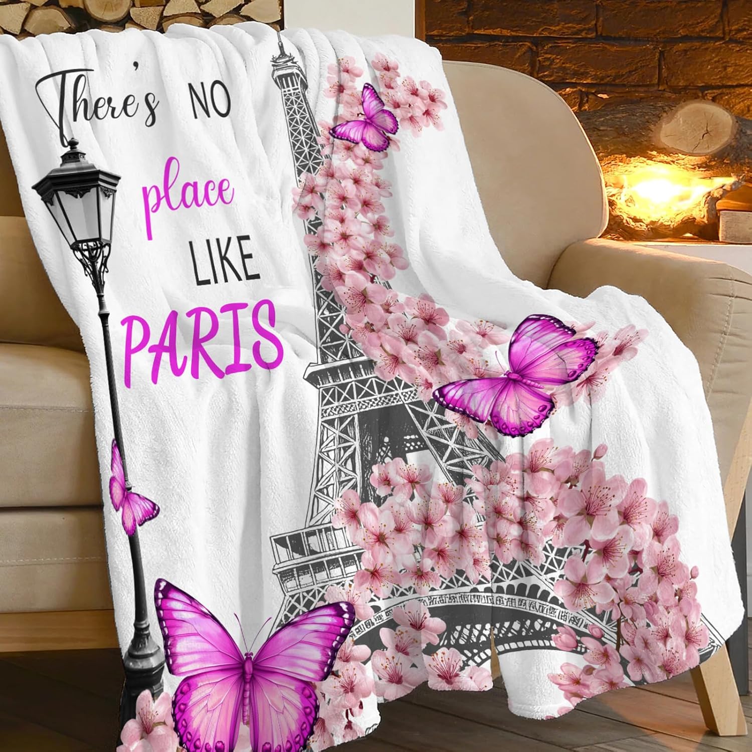 Eiffel Tower Throw Blanket French Paris Cherry Blossoms Print Throw Blankets Gifts for Couch Sofa Bed Stuff Decor Soft Cozy Fleece Plush Flannel Bedding for Lover Men Women Boys Girls 40"x50"