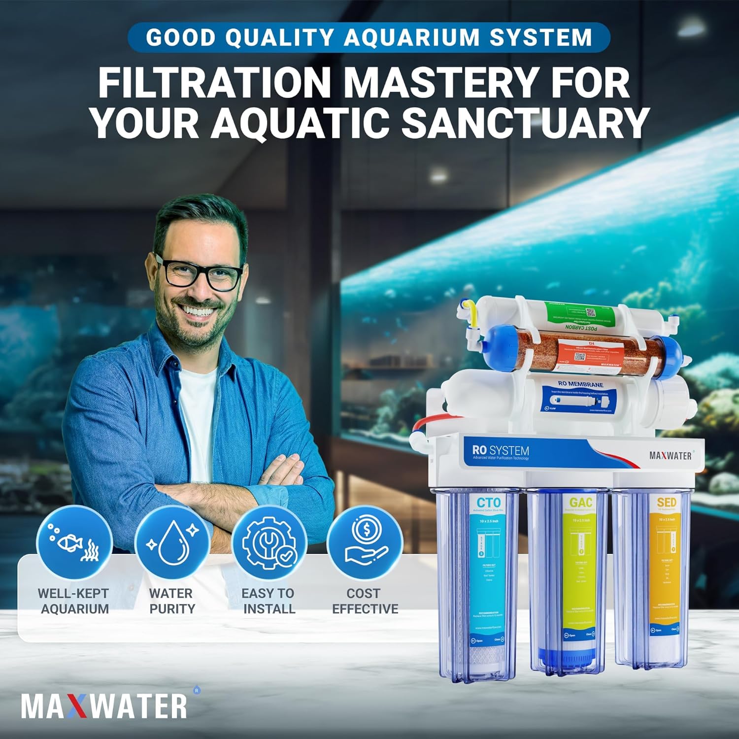 Max Water 6 Stage 100 GPD (Gallon Per Day) RODI (Reverse Osmosis Deionization) Water Filtration System for Aquarium