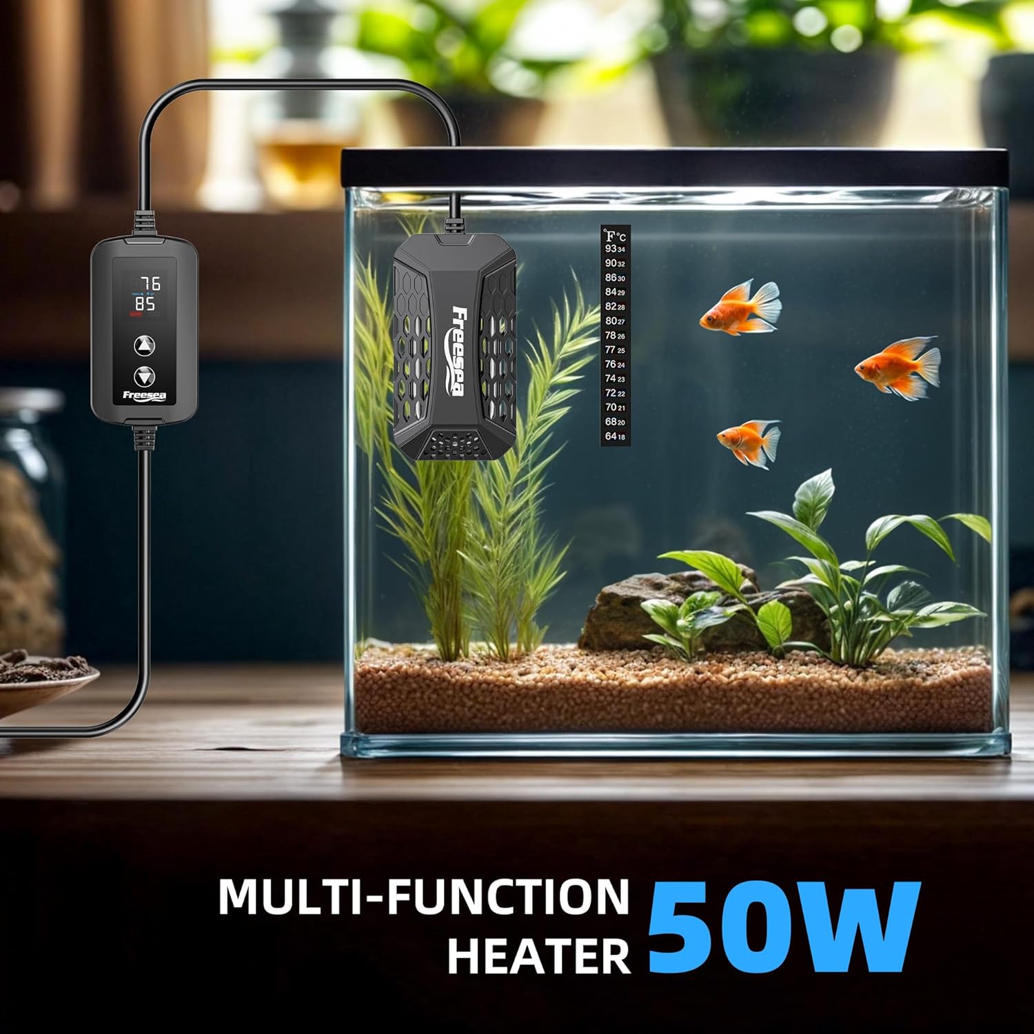 FREESEA Aquarium Fish Tank Heater: 50W Small Submersible Aquarium Heaters with Adjustable Digital LED Controller Leaving Water Automatic Stop Heating for 5-10 Gallon Betta Turtle Freshwater Saltwater