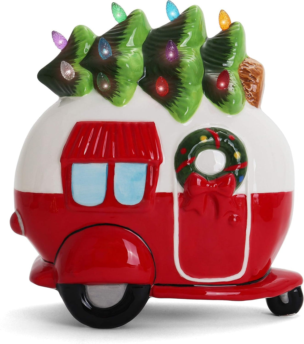 Milltown Merchants Ceramic Christmas Tree and Camper - Lighted Vintage Decor With Tree Lights
