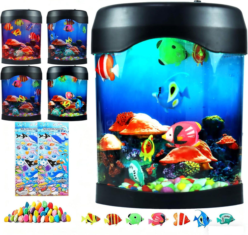 Toycol Fake Fish Lamp, LED Aquarium Sensory Light with 6 Color Changing and 7 Fake Fish, Mood-Relaxing Night Light, Exquisite Decoration for Office, Room and Party, Gifts for Kids and Adults
