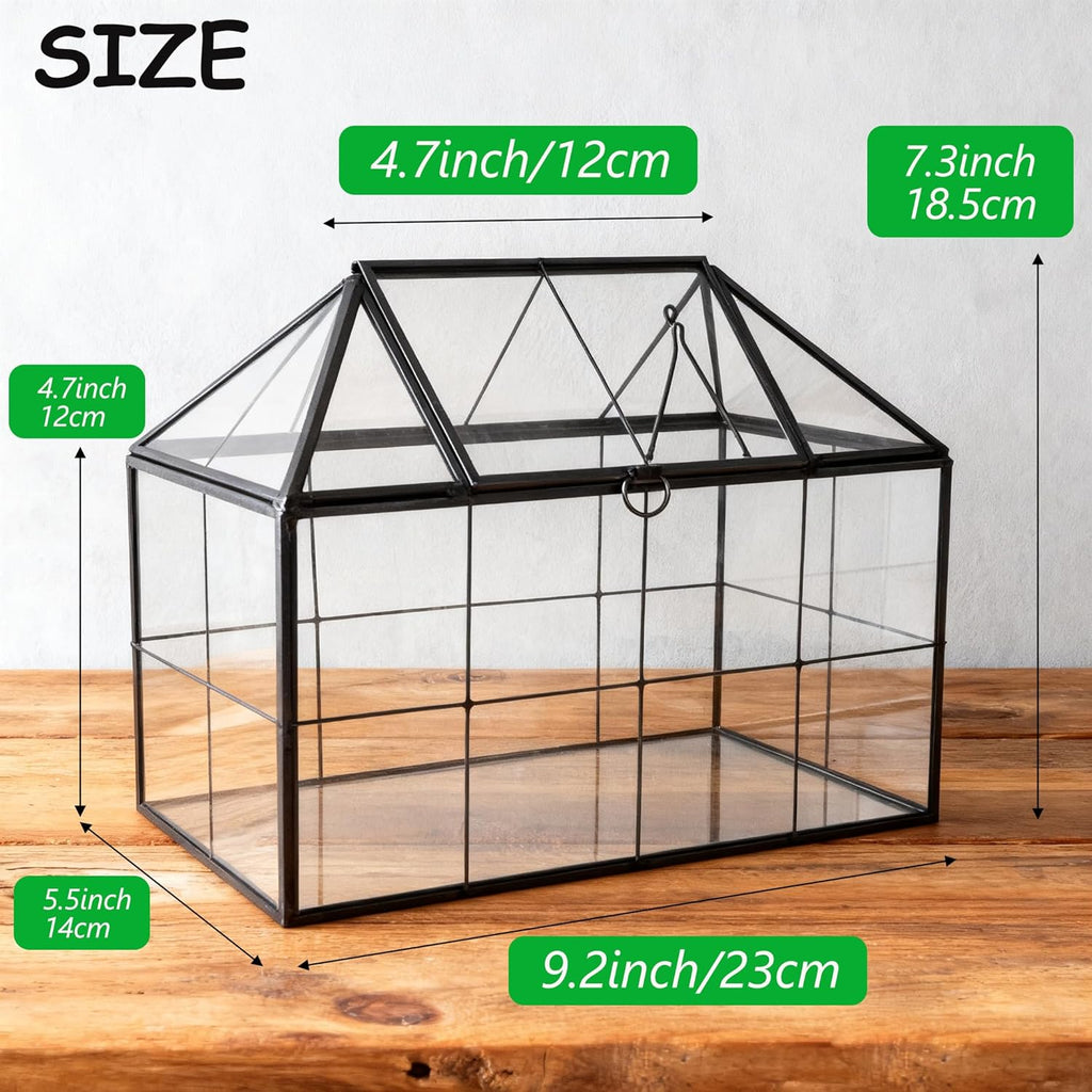 HighFree Geometric Terrarium Planter with Swing Lid, House Shape Black Handmade Glass Box, Vintage Tabletop Miniature Terrarium, for Succulent, Cacti, Air Plants (Not Watertight - 9.2x5.5x7.3 inch)