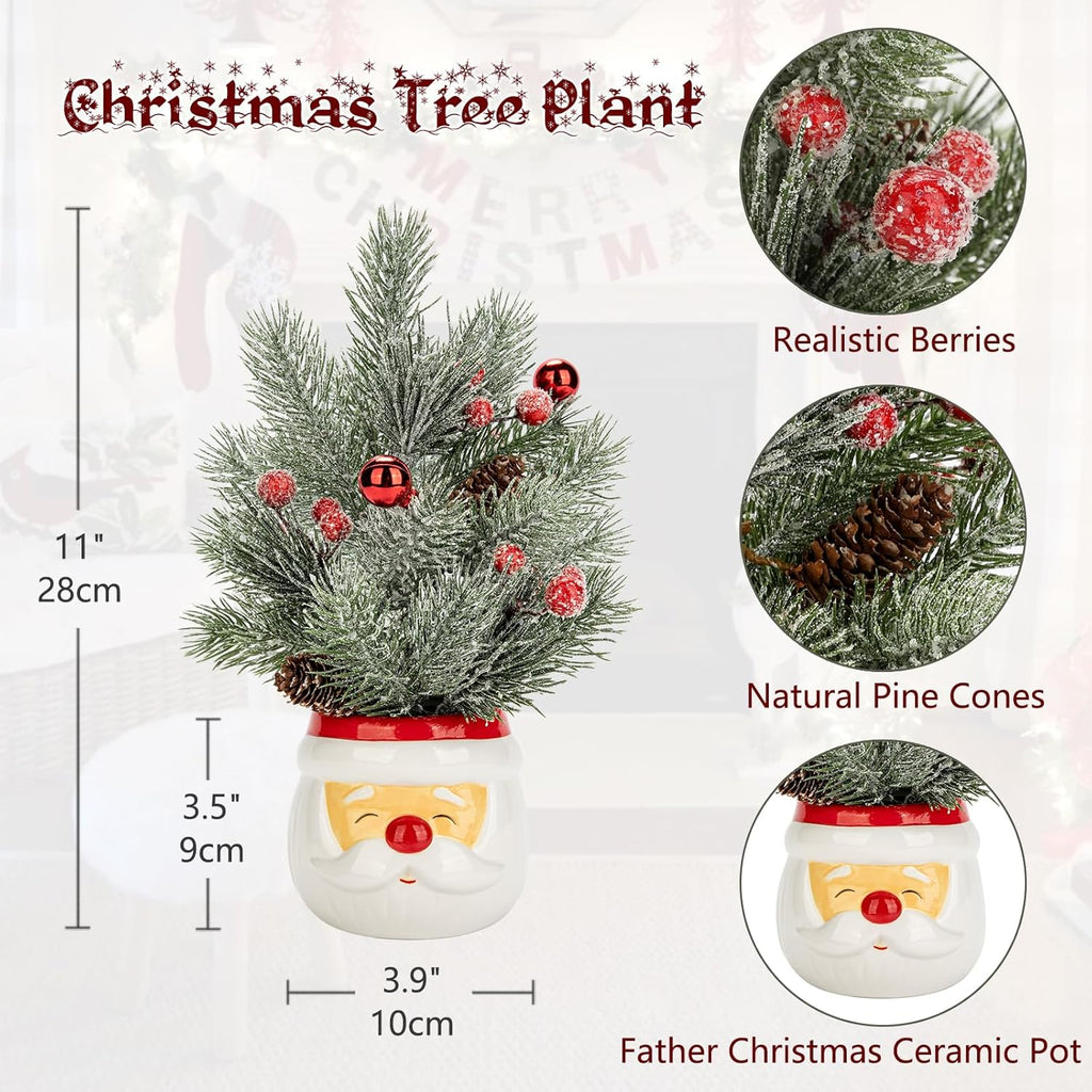 Small Christmas Tree Tabletop Snowman Potted Plants with Vase 11" Artificial Mini Xmas Tree Decorations Pine Needles Plant with Christmas Ball Ornaments Berries Pine Cones Slim Tree Party Home Decor