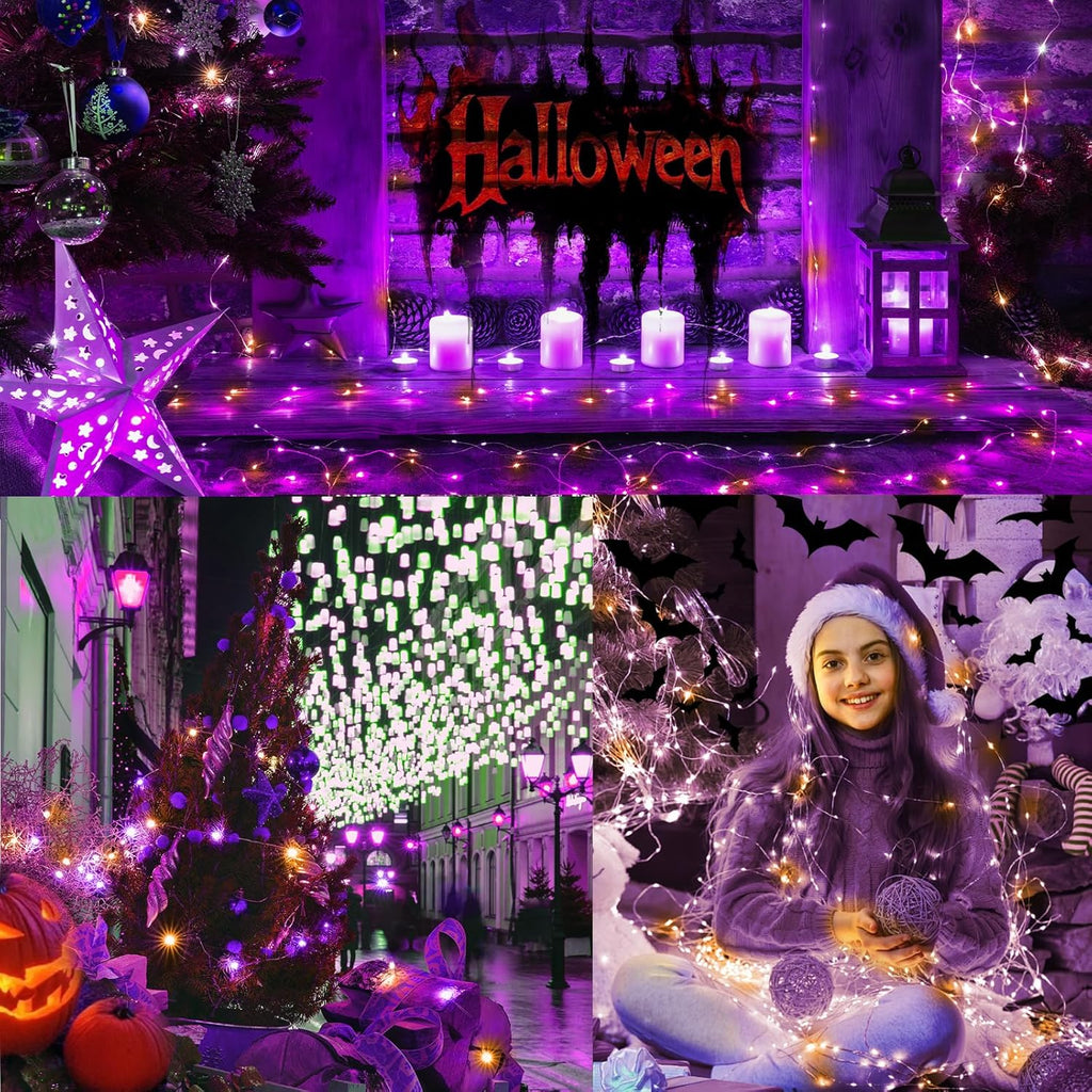 LAMPHOME Halloween Fairy Lights Plug in, 33Ft 100 LEDs Waterproof Twinkle Firefly Lights, Adaptor Included, Starry String Lights for Wedding Indoor Outdoor Christmas Patio Garden, Orange and Purple