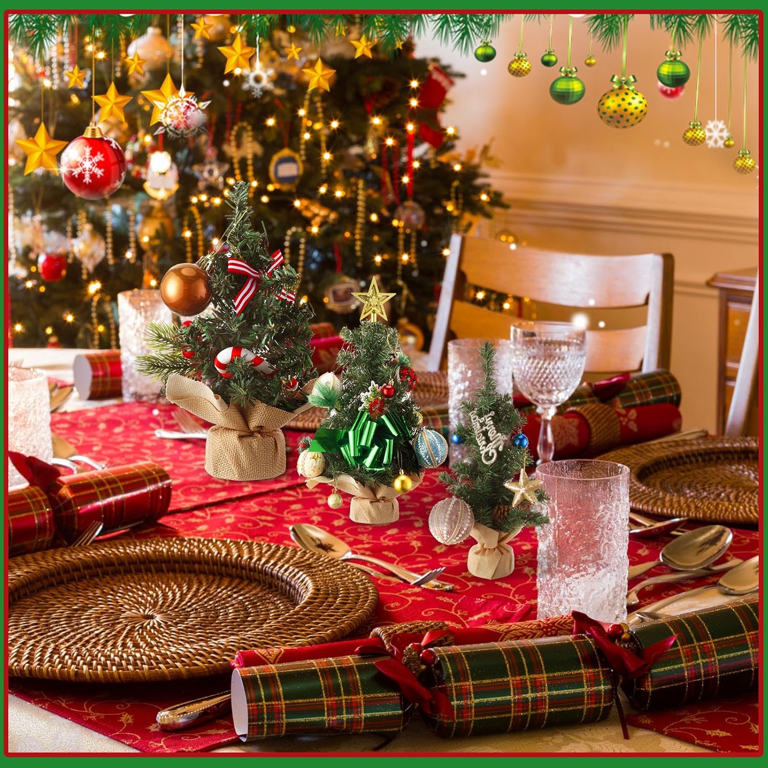 Libima 10 Pieces Tabletop Mini Christmas Tree 15.7" 11.8" 7.9" Artificial Green Xmas Pine Tree Christmas Decorations for Home Miniature Trees with Linen Base for Dining Kitchen Desk Home