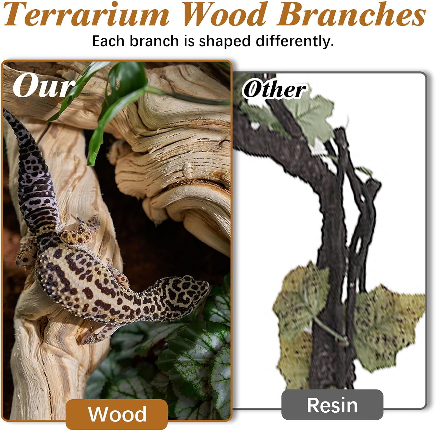 Reptile Branch Decor 2 Pack Snake Climbing Wood Branches Lizard Habitat Decorations Terrarium Natural Forest Tree Trunk Ornament for Bearded Dragon Geckos Chameleon Frog