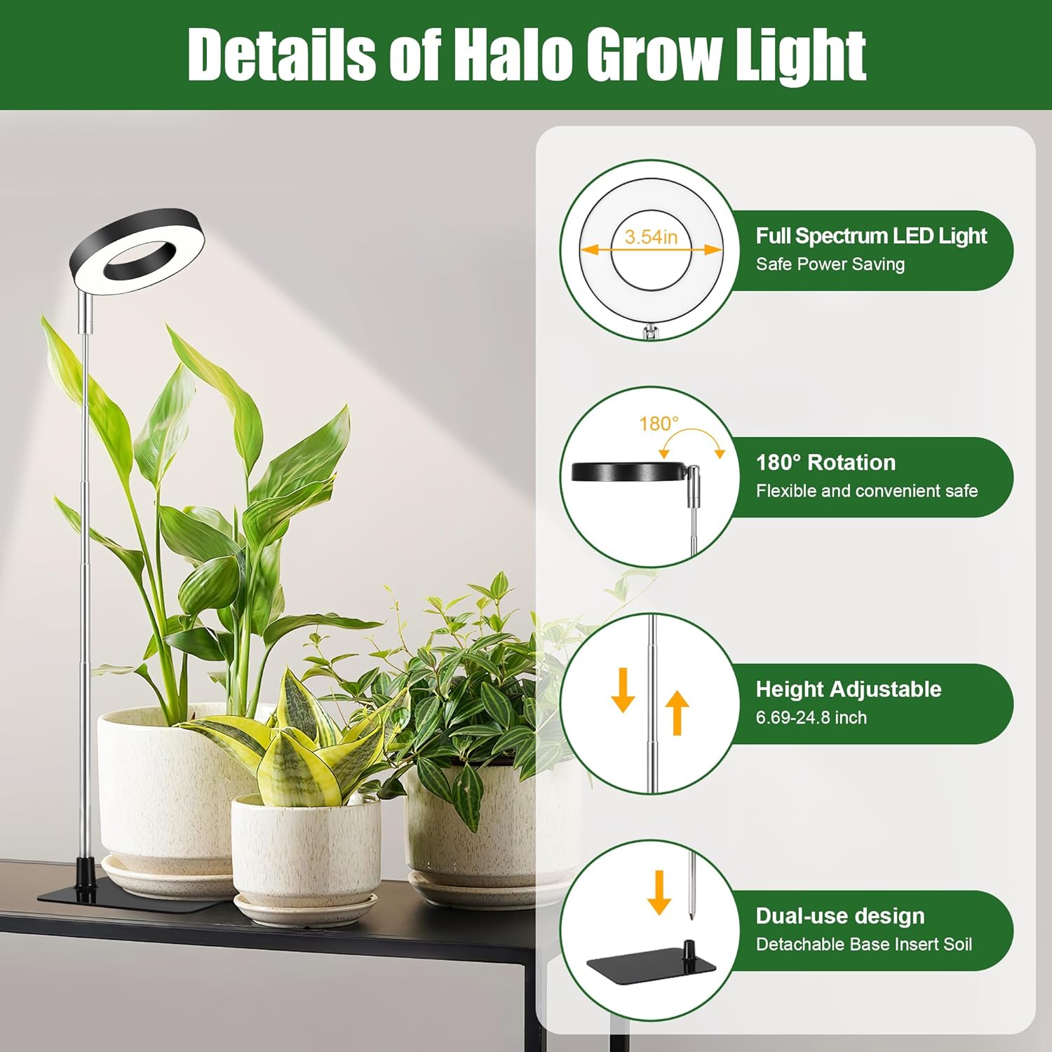 Black 3.54" LED Grow Light, Full Spectrum Plant Lights for Indoor Growing with 3/9/12H Timer, 3 Color Modes, 10 Brightness, Height Adjustable，Small Halo Grow Light with Base, 3 Pack