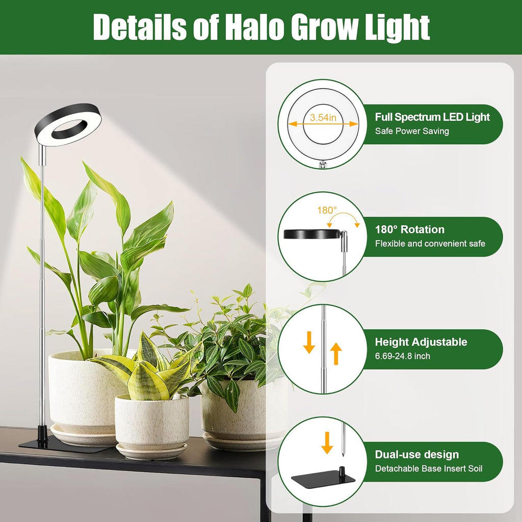 Small Halo Grow Light with Base, 48 LED Full Spectrum Indoor Plant Grow Light, Height Adjustable, 3 Spectral Modes, 10 Brightness Levels, Automatic Timer 3/9/12 Hours, Black