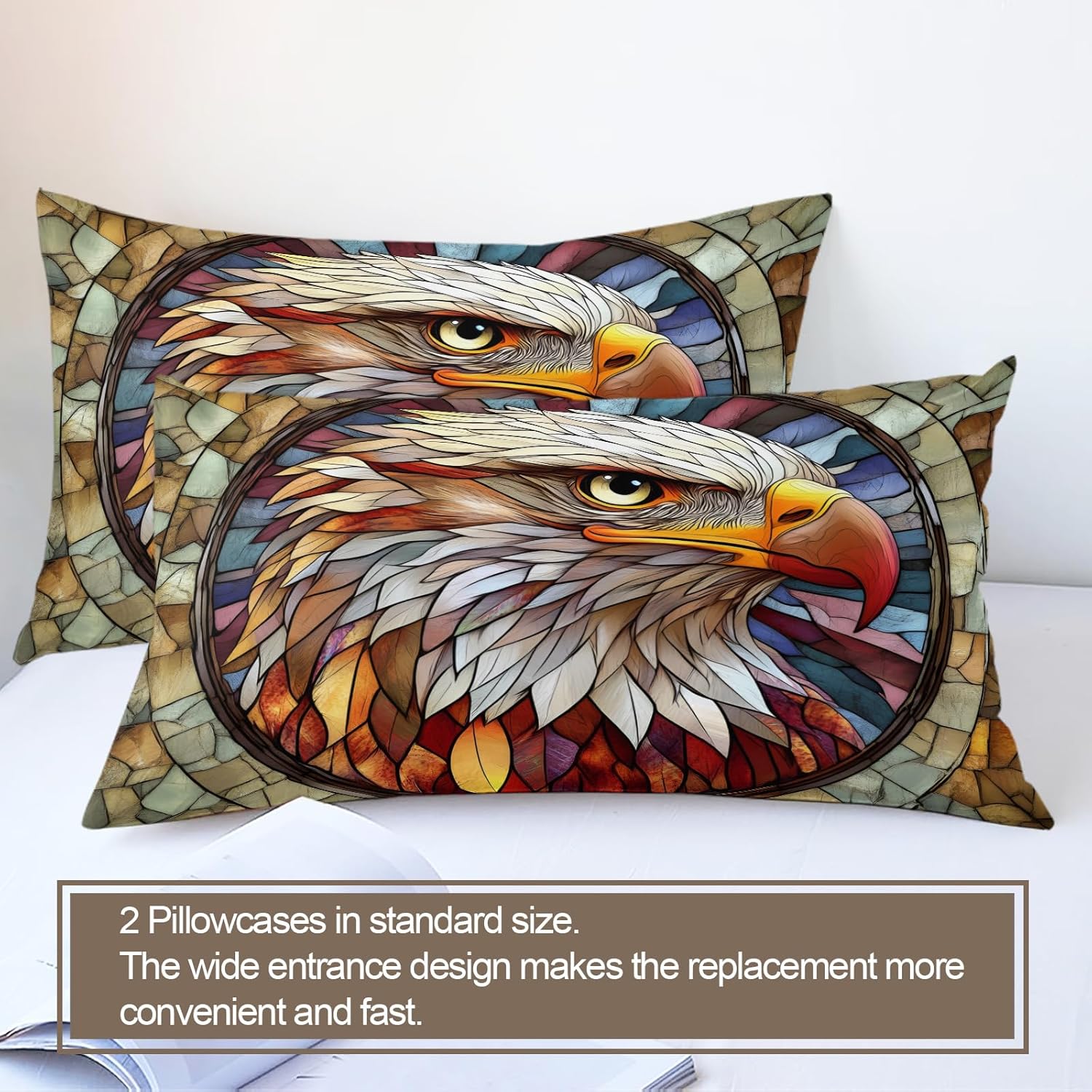 Eagle Duvet Cover California King, Colorful Enamel Glass Eagle Bedding Set 3 Piece Bedroom Decor Vintage Medieval Comforter Cover with Zipper Ties & 2 Pillowcases