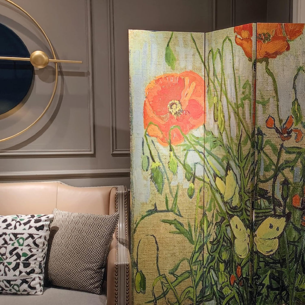 Room Divider Wood Privacy Screens Van Gogh's Butterflies and Poppies Painting Canvas 3-Panel Foldable Portable Separating Divider Room Partitions Freestanding Home Decor 71'' High