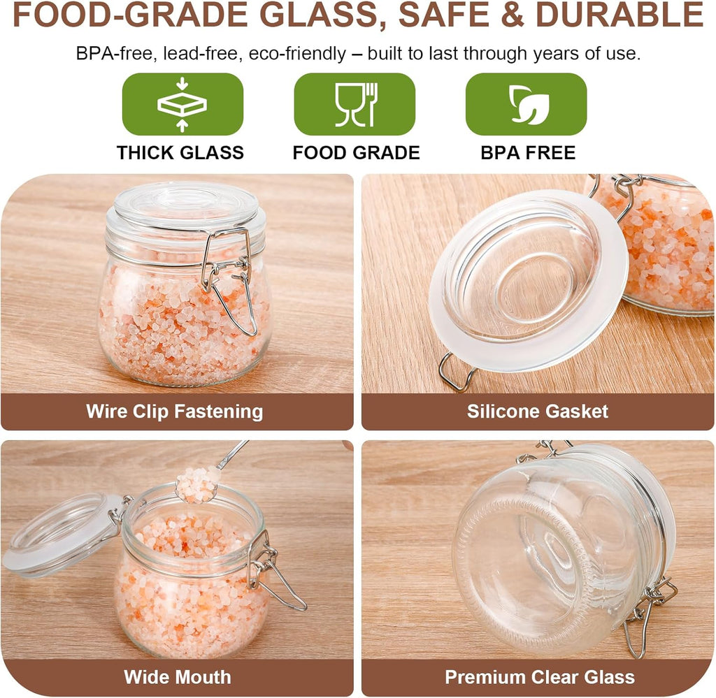 17oz Airtight Glass Jars with Clamp Lids, Small Food Storage Canisters Set of 6, Wire Clip Mason Jars for Canning Pickling Spice Herb