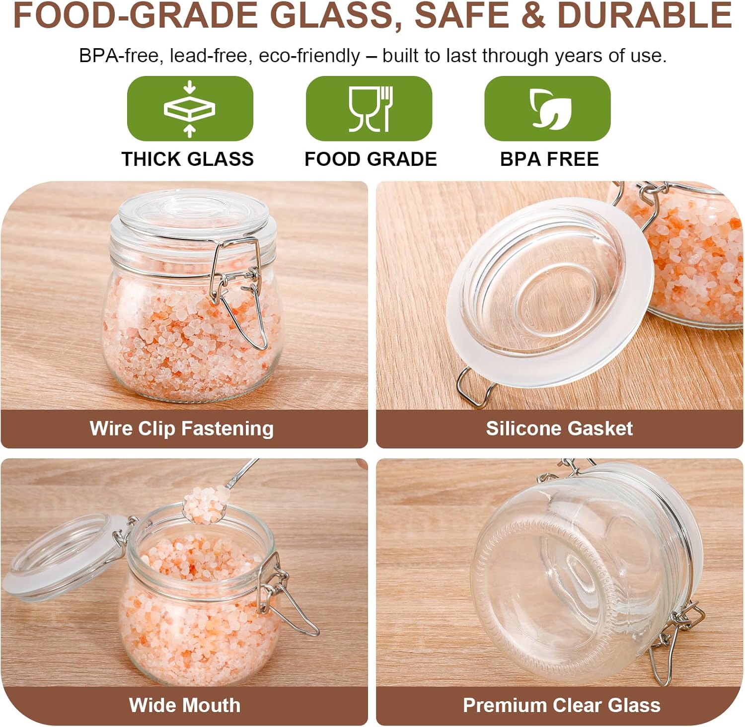 17oz Airtight Glass Jars with Clamp Lids, Small Food Storage Canisters Set of 6, Wire Clip Mason Jars for Canning Pickling Spice Herb