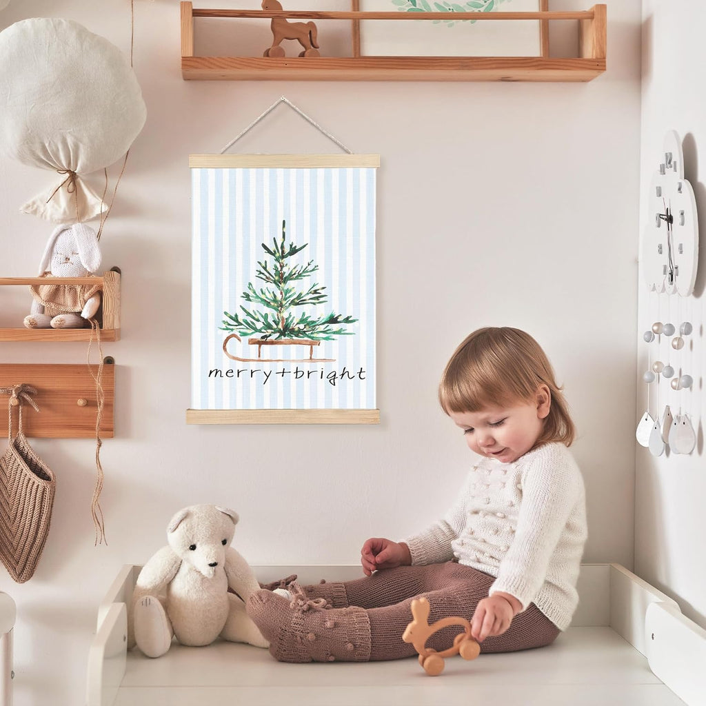 FDHSPAAM Christmas Pine Tree Wall Art Decor, Christmas Tree Decor, Blue and White Stripes Merry Xmas Holiday Wall Art Posters for Home Bedroom Living Room, 12x16 Inch