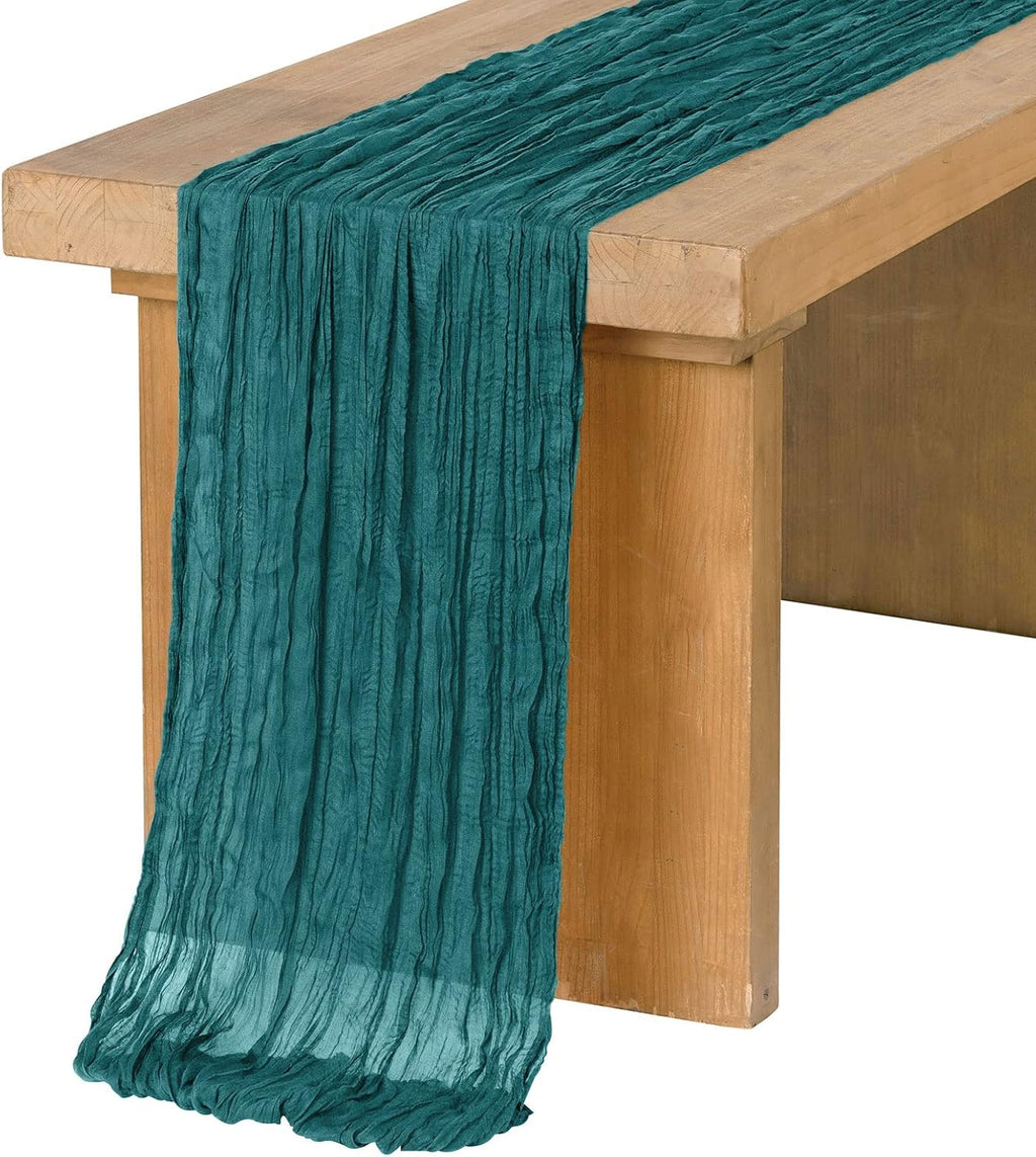 Ling's Moment 14Ft Gauze Teal Blue Table Runner Cheesecloth Tablecloth for Wedding Party Bridal Shower Boho Table Decor, Semi-Sheer