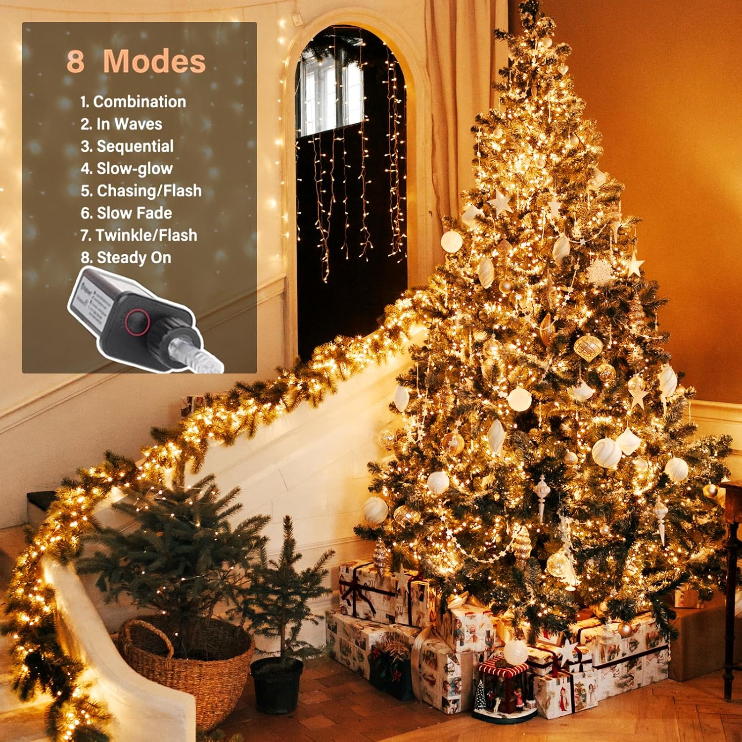 Upgraded 105FT 300 LED Fairy Lights Plug in Outdoor/Indoor, Timer & Remote & 8 Modes, Silver Wire Christmas String Lights, Waterproof Twinkle Lights for Xmas Tree Holiday Party Garden