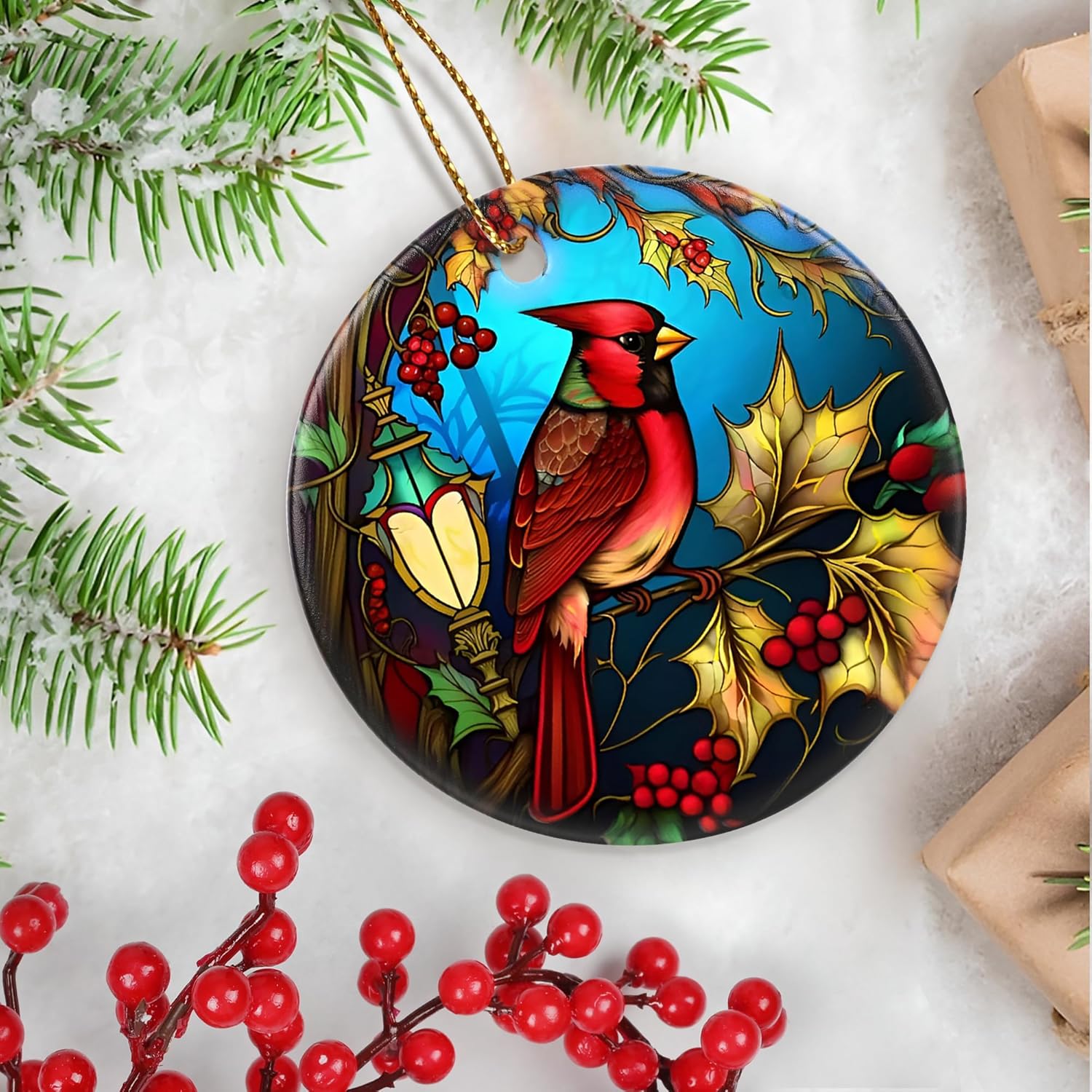 Touber Cardinal Ornament, Christmas Ornament, Christmas Decoration, Holiday Present Idea, Heirloom Keepsake, Round Ceramic, Gift Exchange, Bauble Present, Gift Idea, Cardinal
