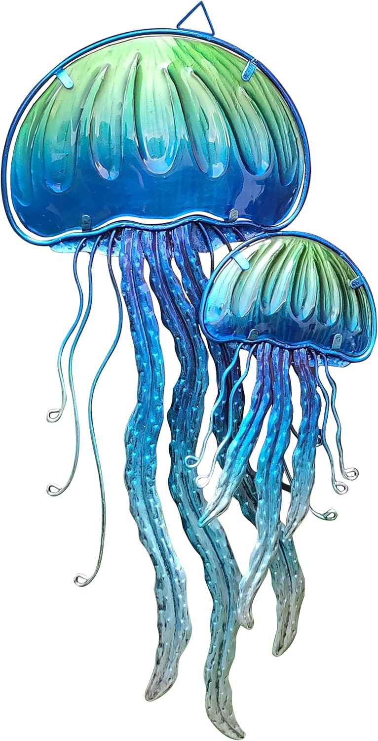 JOYBee Ocean Jellyfish Wall Art Decor-Sea Life Nautical Home Hanging Decor-Glass&Metal Jellyfish Decoration for Pool,Beach,Patio,Living Room,Bathroom,Boat, Coastal Decorations(17inch)