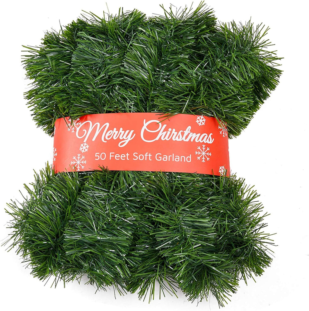 Christmas Garland for Outdoor/Indoor Decoration, Soft Greenery Artificial Garland Decorations, Non-lit Green Xmas Garlands Perfect for Party Home Garden and Holiday Festival Decor, 50 Feet 1 Pack