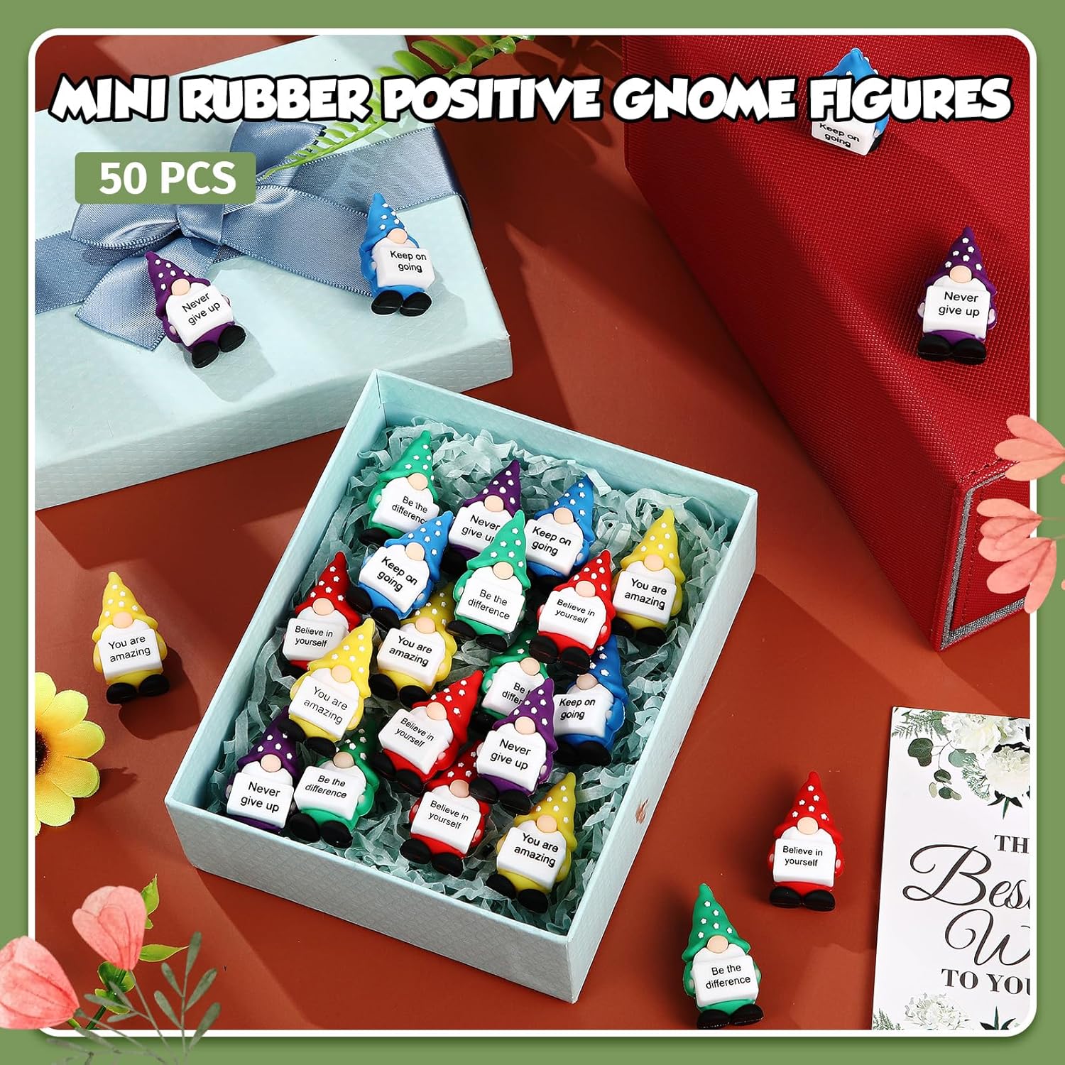 Gejoy 50 Pcs Mini Rubber Gnome Toys Positive Mini Gnomes Figures to Hide Emotional Uplifting Gifts Decorations and Encouragement Christmas Motivational Gifts for Colleague Staff Teacher