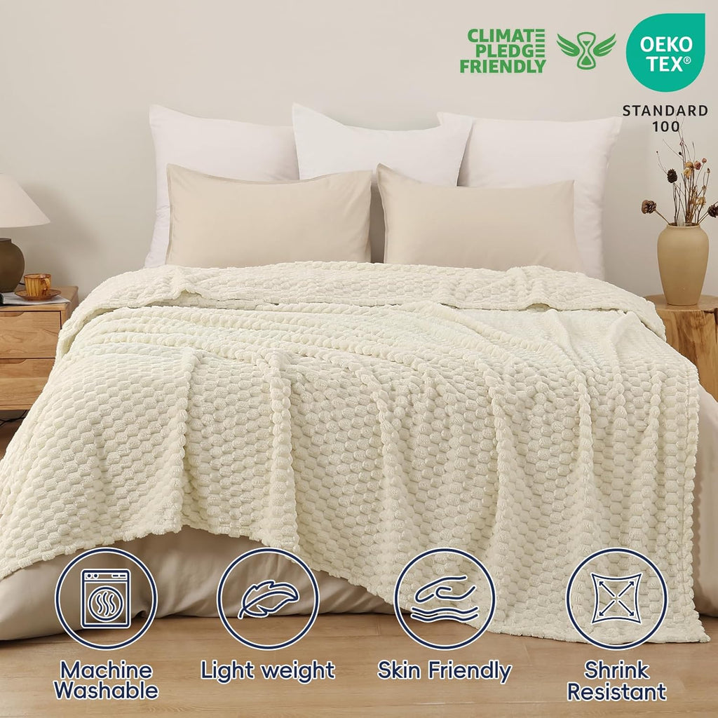 PHF Ultra Soft Flannel Fleece Blanket Queen Size, Lightweight 3D Jacquard Fleece Blanket, No Shedding, No Pilling, Luxury 340GSM Aesthetic Fluffy Cozy for Bed Room Decor, 90"x90", Cream