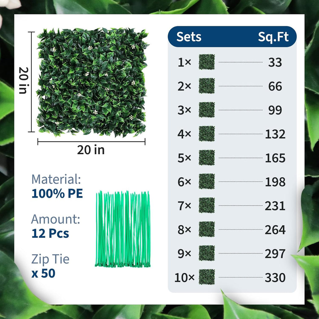 GarveeLife Artificial Grass Wall Panels 20"x20", 12 Pcs Hedge Panels with 50 Zip Ties, Sun Proected Privacy Fence Screen Fake Greenery Backdrop for Outdoor Indoor Garden Birthday Wedding Decor