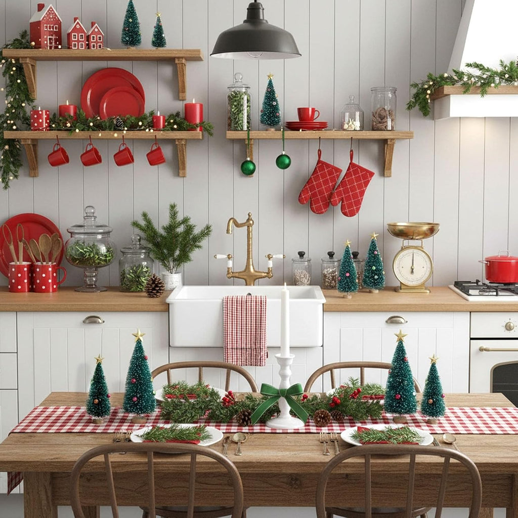 LOVEINUSA Mini Christmas Trees with Ornaments, 9PCS Sisal Snow Frost Trees with Wood Base for Table Top Decoration and DIY Diorama Models