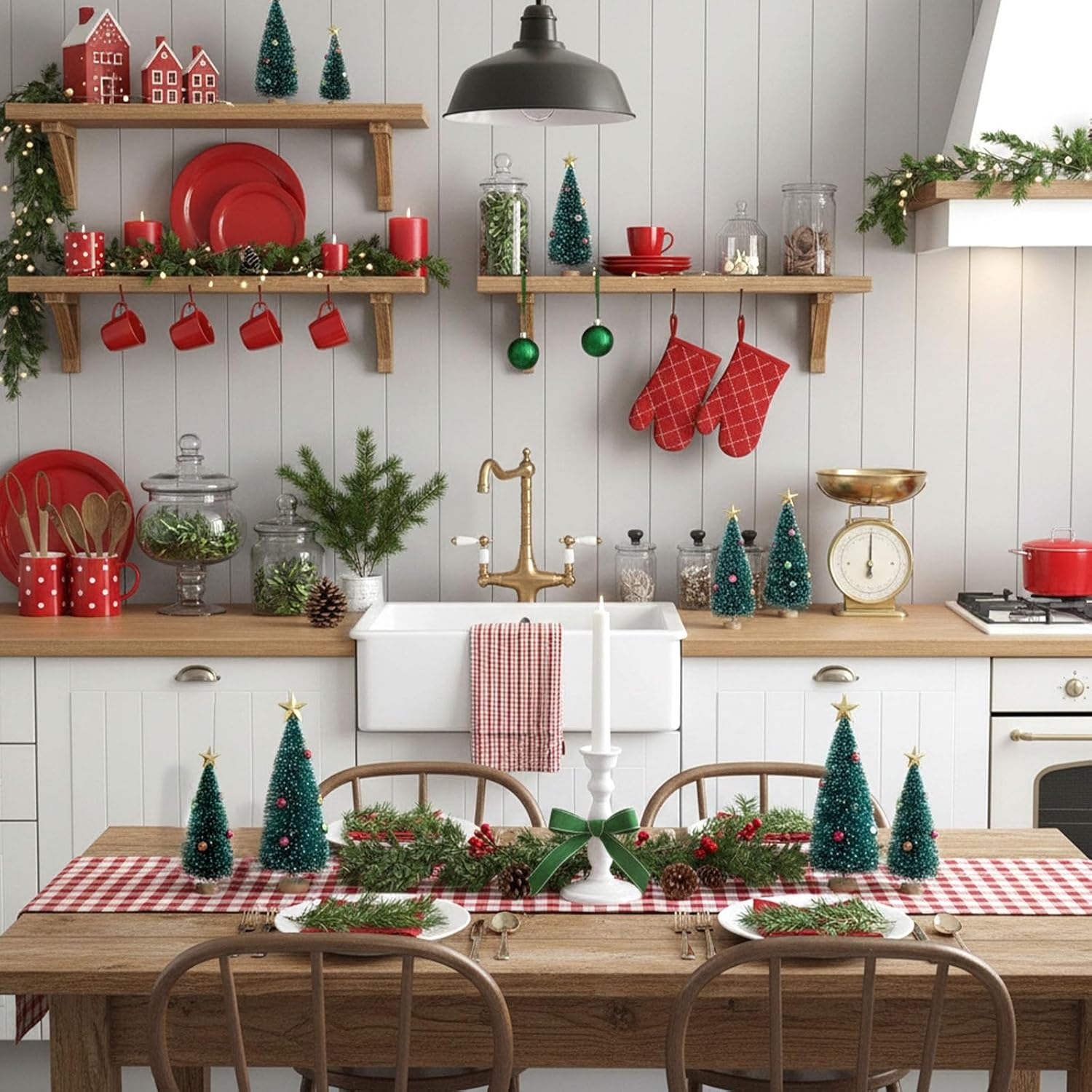 LOVEINUSA Mini Christmas Trees with Ornaments, 9PCS Sisal Snow Frost Trees with Wood Base for Table Top Decoration and DIY Diorama Models