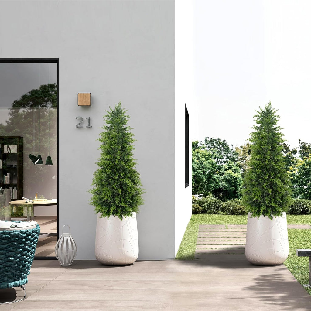 60" Artificial Cedar Topiary Tree One Set, 5FT SEVENLOVE Potted Cedar Tree Topiary Artificial Plant Shrub for Front Porch Home Office Decor (1, 5)
