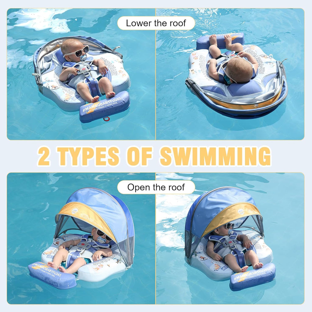 Mambobaby Baby Pool Float with Removable Sun Canopy - Non Inflatable Infant Swim Float with Anti-Flip Tail Design, Waterproof & Skin-Friendly Baby Float for Swimming (3-24 Months)