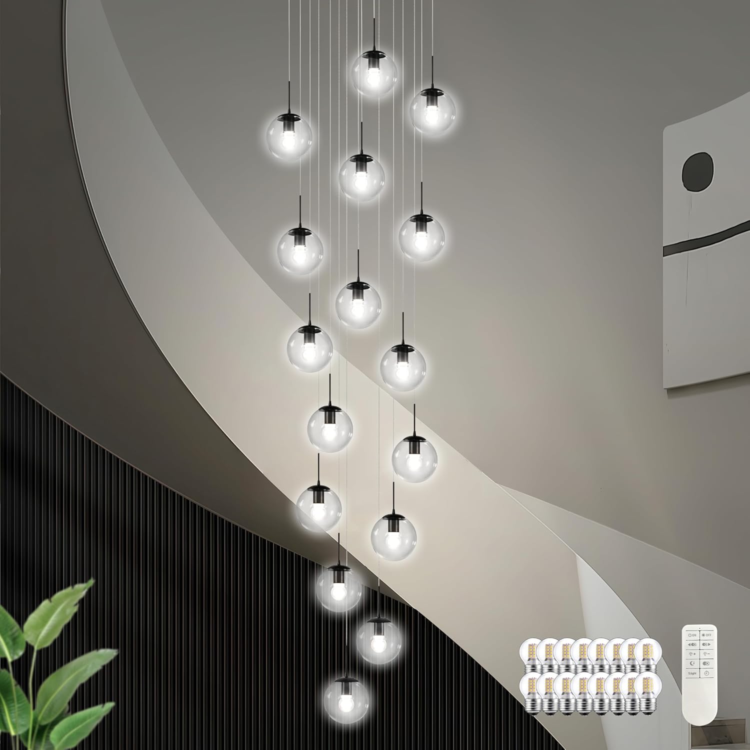 KoKo&Yukina 16-Light Black Mid Century Modern Chandelier for Living Room Staircase Chandelier for Entryway Clear Globe Glass Chandelier High Ceiling Chandeliers Foyer Entryway (Bulb & Remote Incl.)