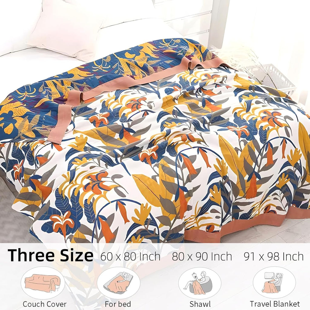Boho Throw Blanket for Bed - 100% Pure Cotton Ultra Soft Rustic Quilt - Farmhouse Decor Bed Blankets, All Season Rustic Throw for Sofa Couch Chair(91''x 98'', Floral Sea)