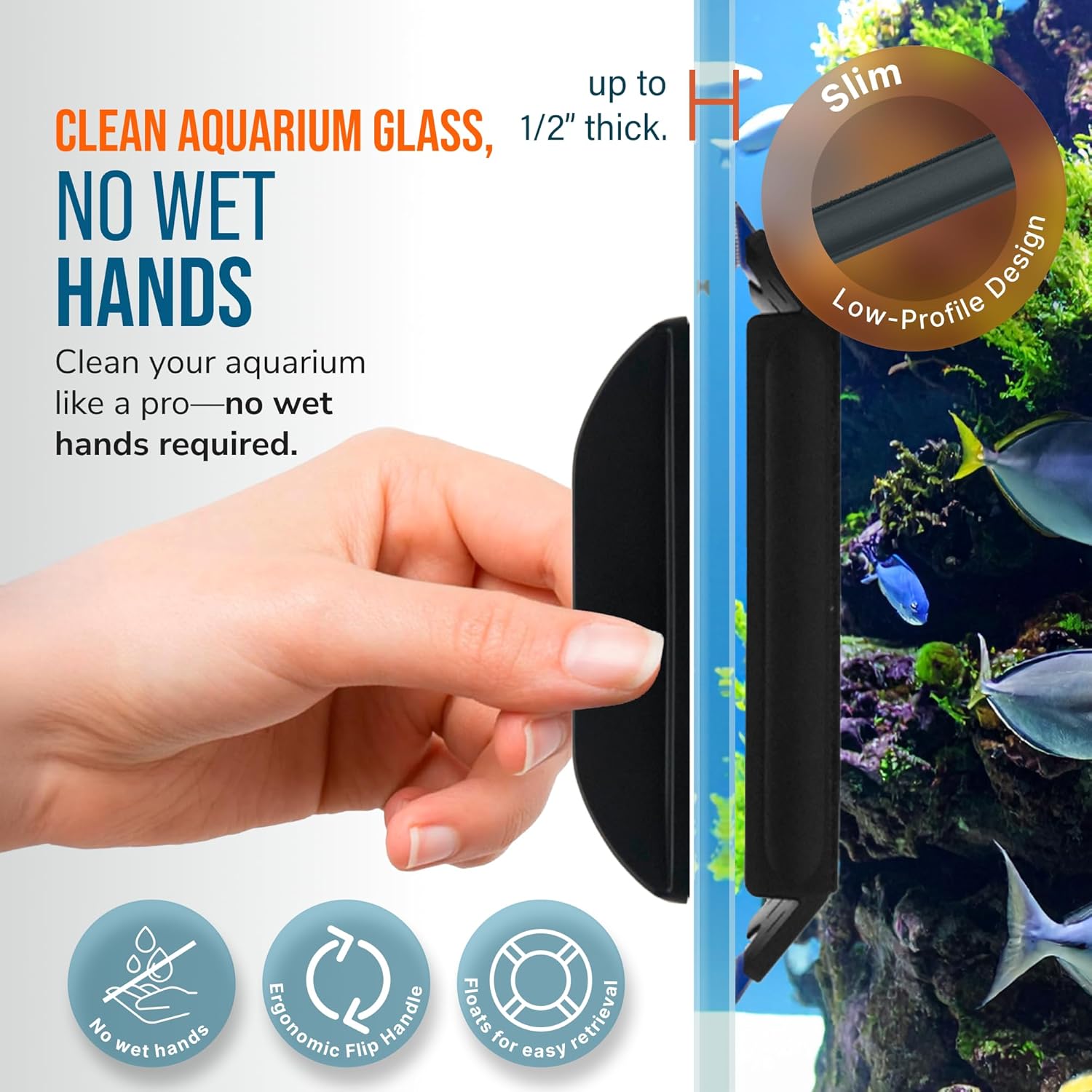 FLIPPER EDGE Standard Magnetic 2-in-1 Aquarium Cleaner for Glass and Acrylic Tanks up to 1/2" (12mm) Thick – Dual Blade Design with Floating Algae Scraper and Cleaning Tool – Black