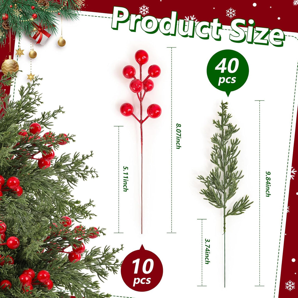 Dapclca 50 Pcs Christmas Artificial Pine Branches with Red Berry Stems, 10.5" Faux Evergreen Norfolk Pine Cypress Leaves Stems- Fake Foliage Pine Needles Picks for DIY Craft Garland Home Décor