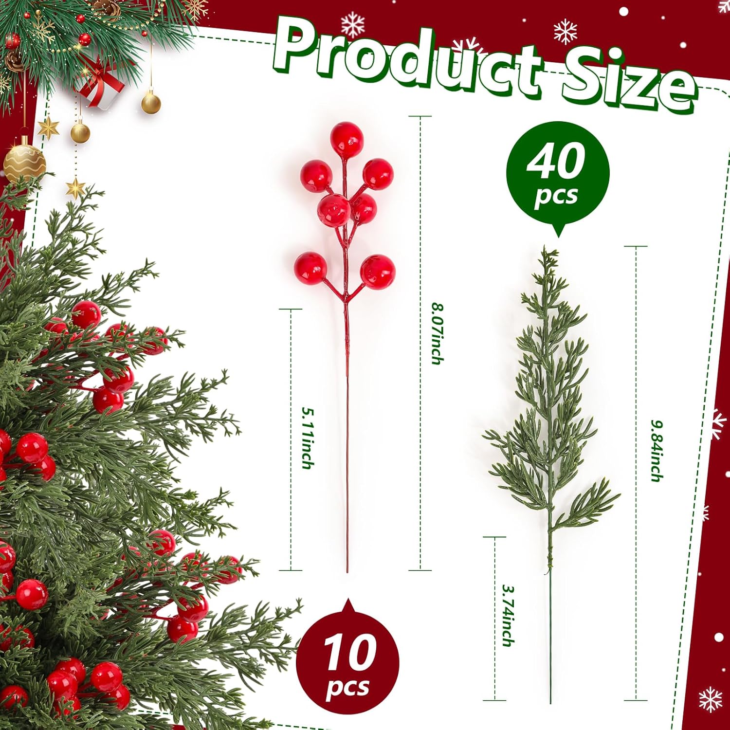 Dapclca 50 Pcs Christmas Artificial Pine Branches with Red Berry Stems, 10.5" Faux Evergreen Norfolk Pine Cypress Leaves Stems- Fake Foliage Pine Needles Picks for DIY Craft Garland Home Décor